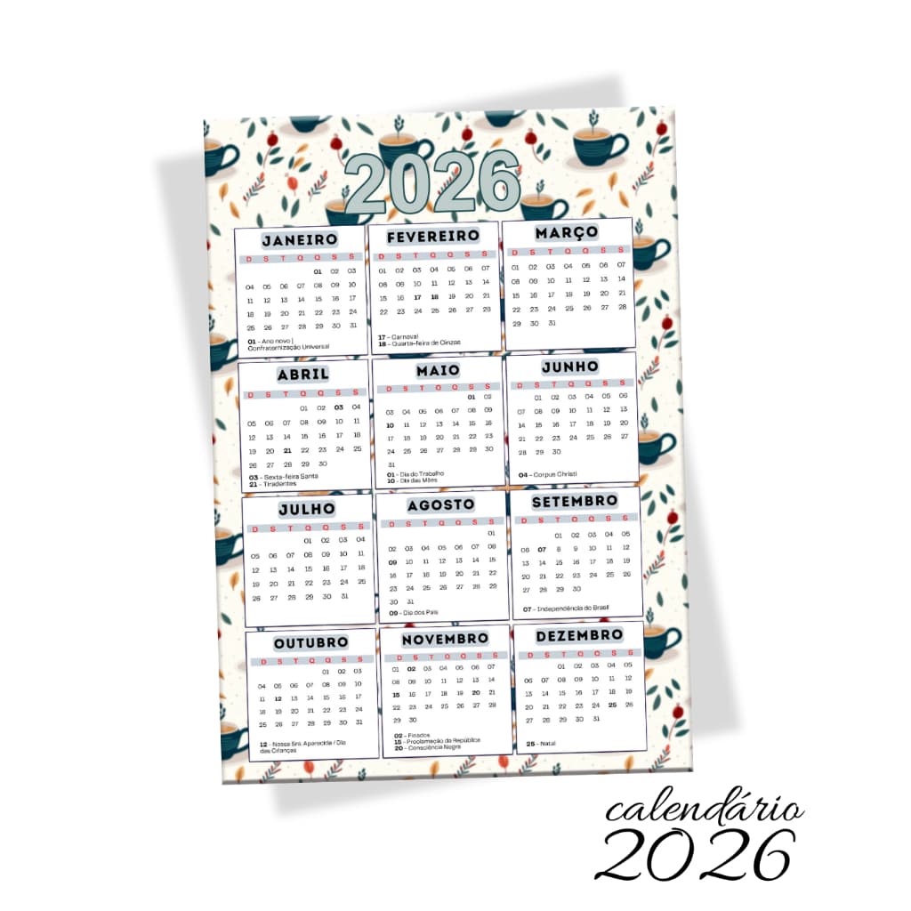 Calendário Magnético 2026 Tema Café A4 21x30cm Ímã de Geladeira com Feriados Nacionais