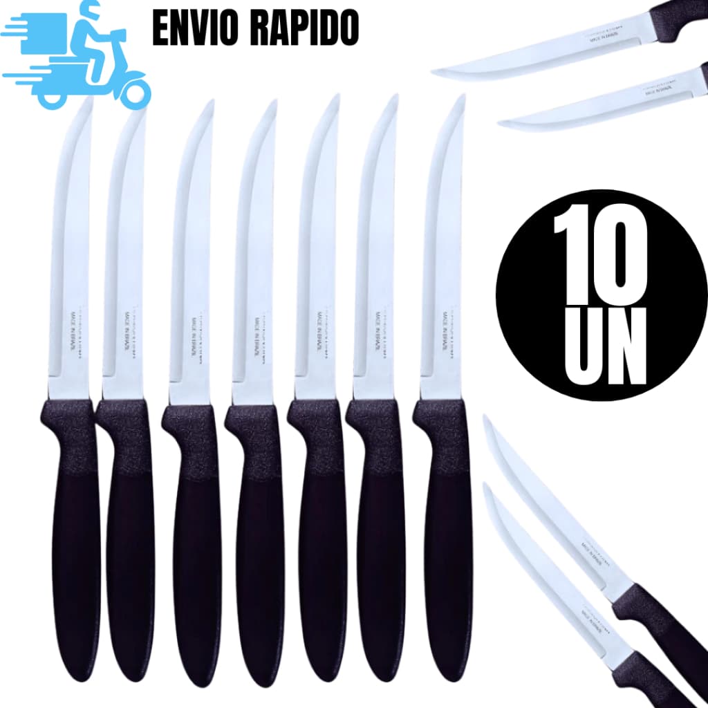10 Unidades de Facas de Churrasco Preta 20cm  Aço Inox com Cabo Plástico Excelente na Cozinha