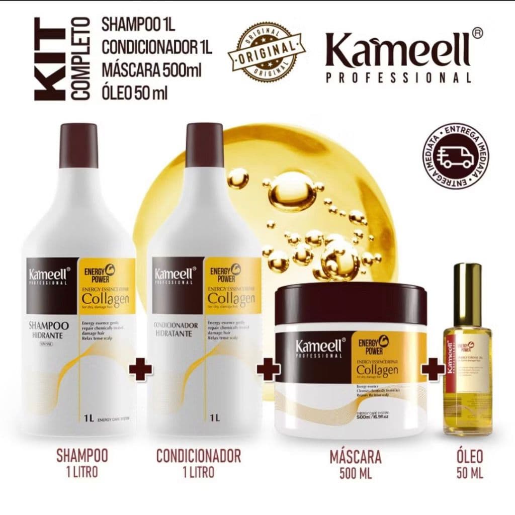 Kit collagen Shampoo Condicionador Purificador 1L Máscara Hidratação 500g Óleo Reparador 60ml