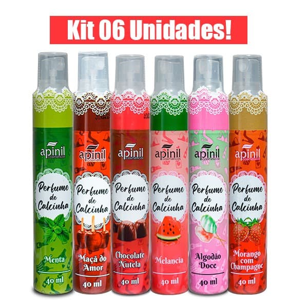 KIT 6 UNIDADES PERFUME DE CALCINHA 40ml (MENTA, MAÇÃ DO AMOR, CHOC. NUTELA, MELANCIA, MORANGO, ALGODÃO DOCE) APINIL