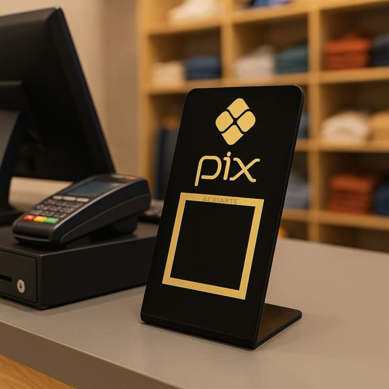 Placa PIX P -  em Acrílico - PRETO E DOURADO, QR CODE, Display de Mesa