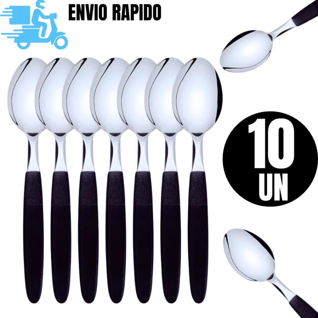 10 Unidades de  Colheres de Mesa Preta 19cm  Aço Inox com Cabo Plástico Para cozinha