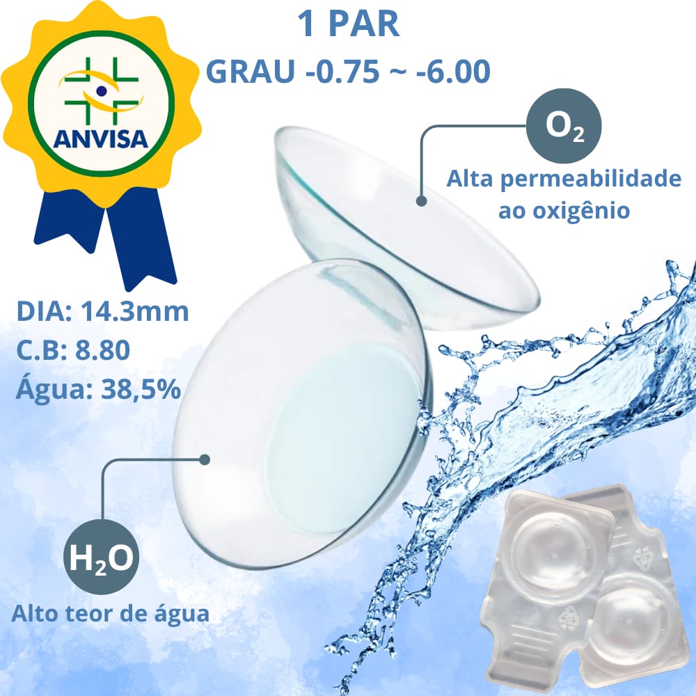 (1 PAR) ANUAL Lentes de Contato Incolor Clear com grau miopia para longe (-0.75 a -6.00)