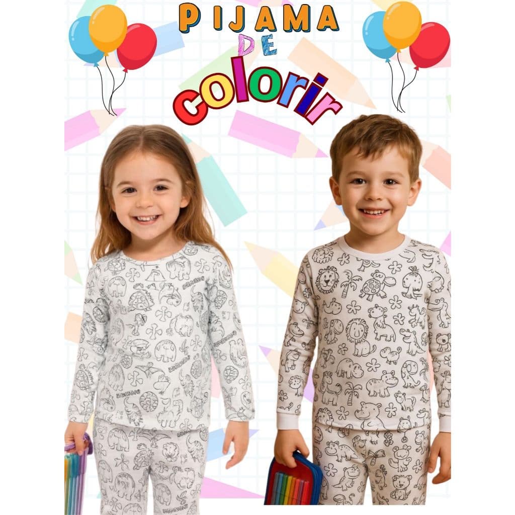 Pijama Infantil de manga longa colorir  acompanha canetinha lavável diversão para as crianças