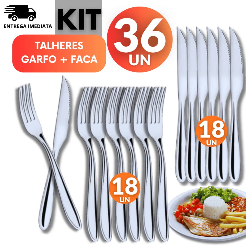 Kit 36 Peças Talheres 100% Inox 18  Garfo 18 Faca Premium Casa Cozinha Buffet Restaurante Banquete Qualidade