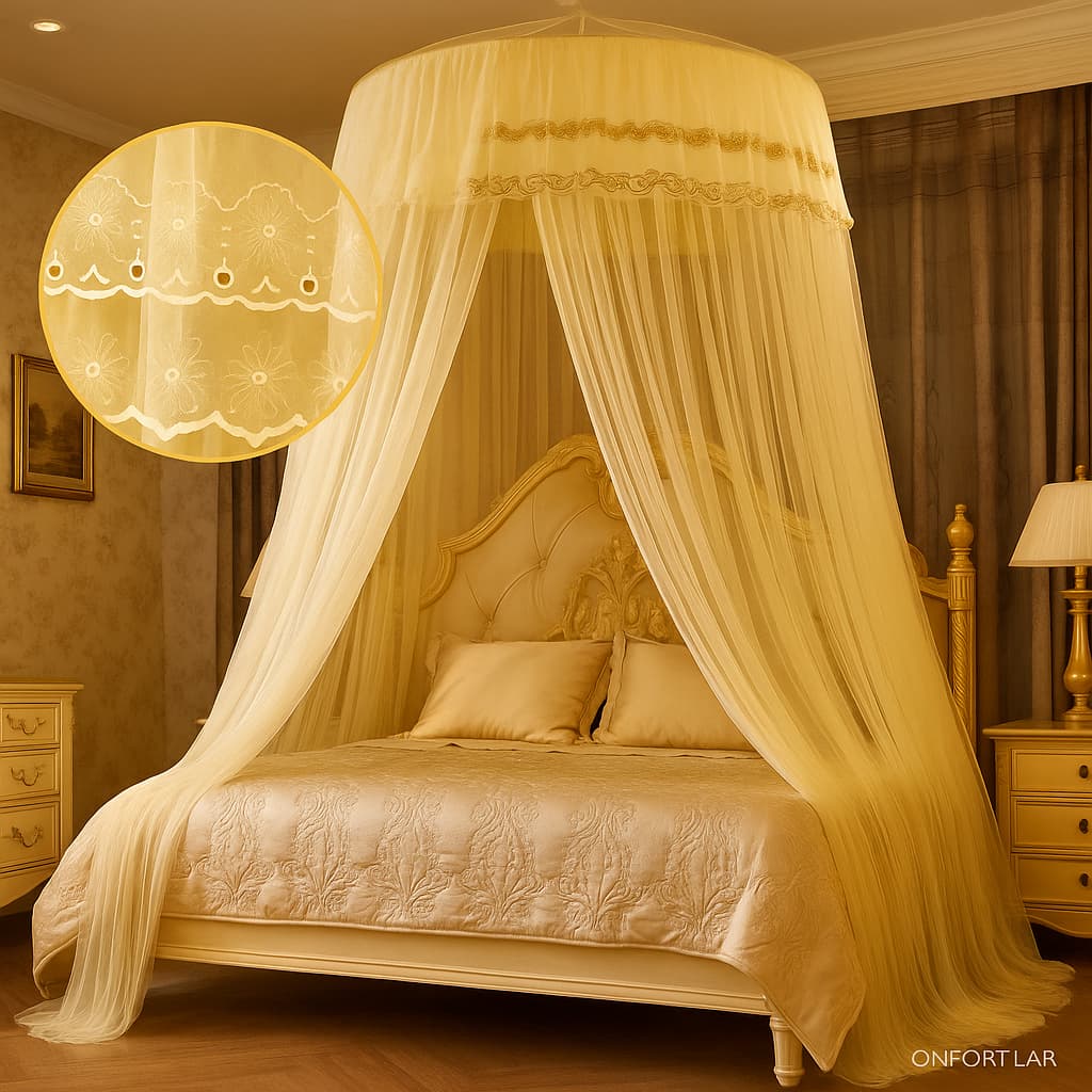 Mosquiteiro Indiano de Teto Gigante 14m com Abertura Lateral –para Cama Casal, Box, Queen e King