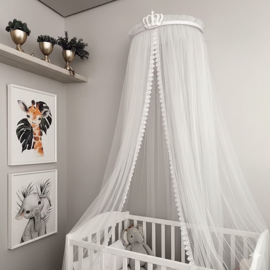 Mosquiteiro Com Dossel Coroa Rei Branco Mini  Berço Quarto Bebê