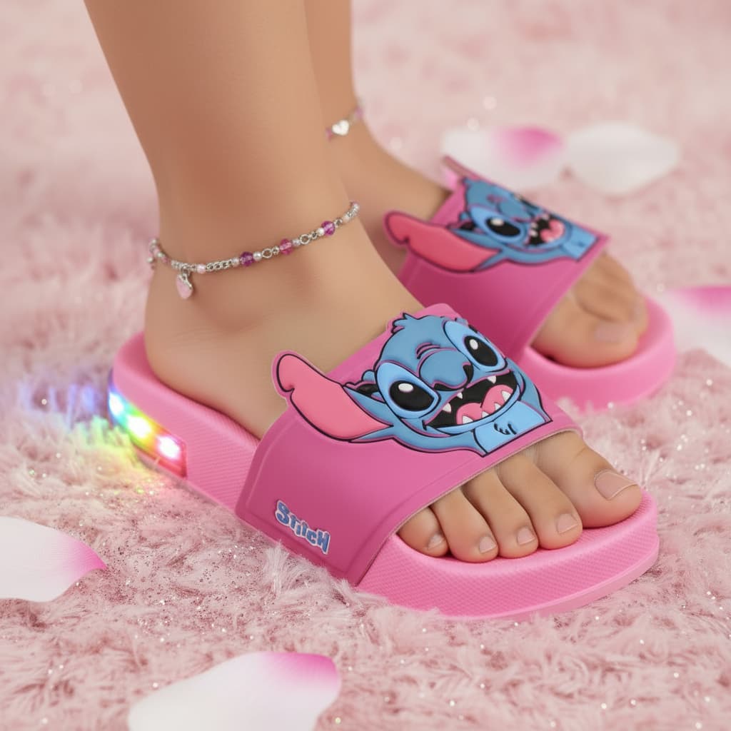 Chinelo Slide Stitch Infantil – Super Macio com LED Que Pisca ao Caminhar | Conforto, Estilo e Diversão | Envio Imediato