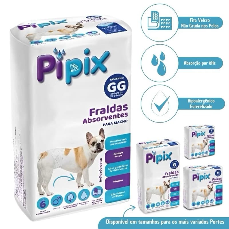 Fralda Higiênica Descartável para Cães Pet Pipix Macho 6 Unidades