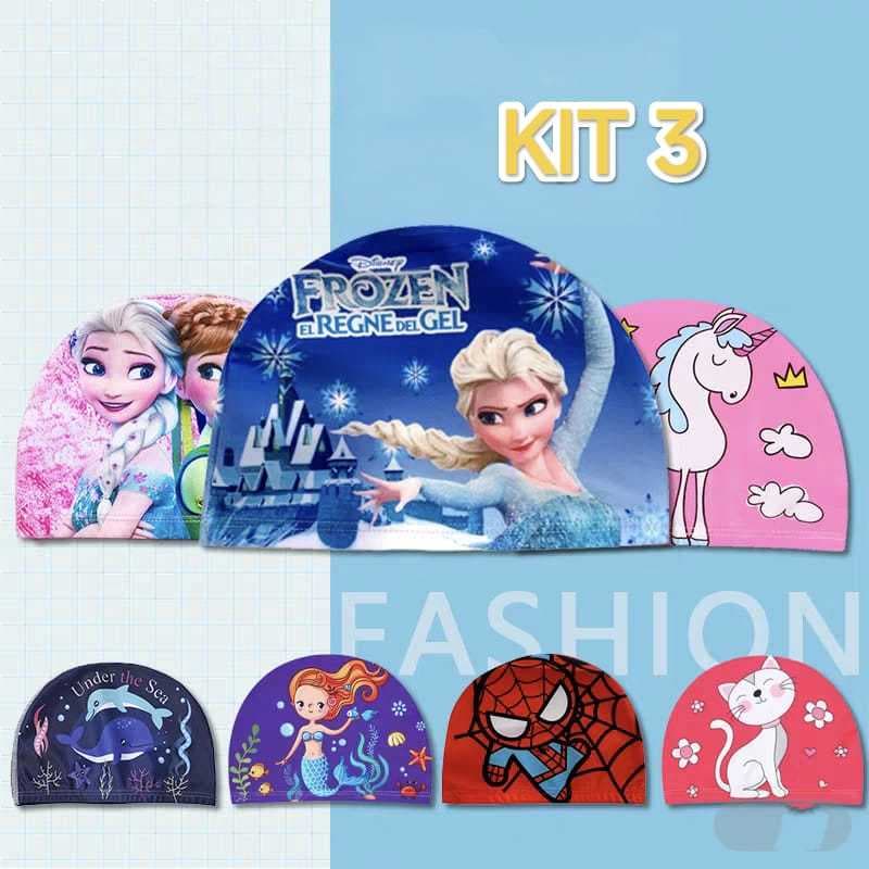 Kit 1/2/3 Toucas de Natação Infantil de Tecido Personagens Kids Piscina não aperta as orelhas