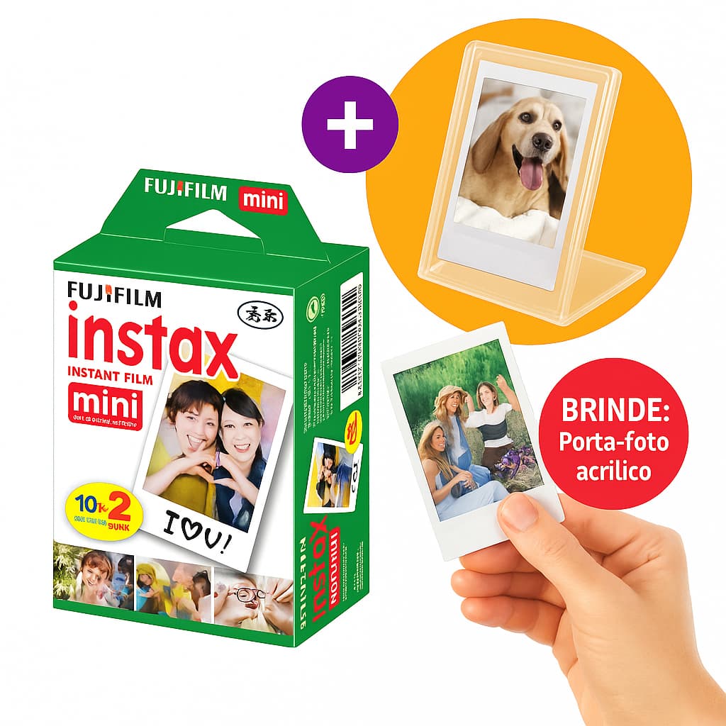 Kit Filme Instax Fujifilm Original com 40/20 Fotos Filmes Instantâneos e Porta Foto Cristal Para Decorativo de mesa