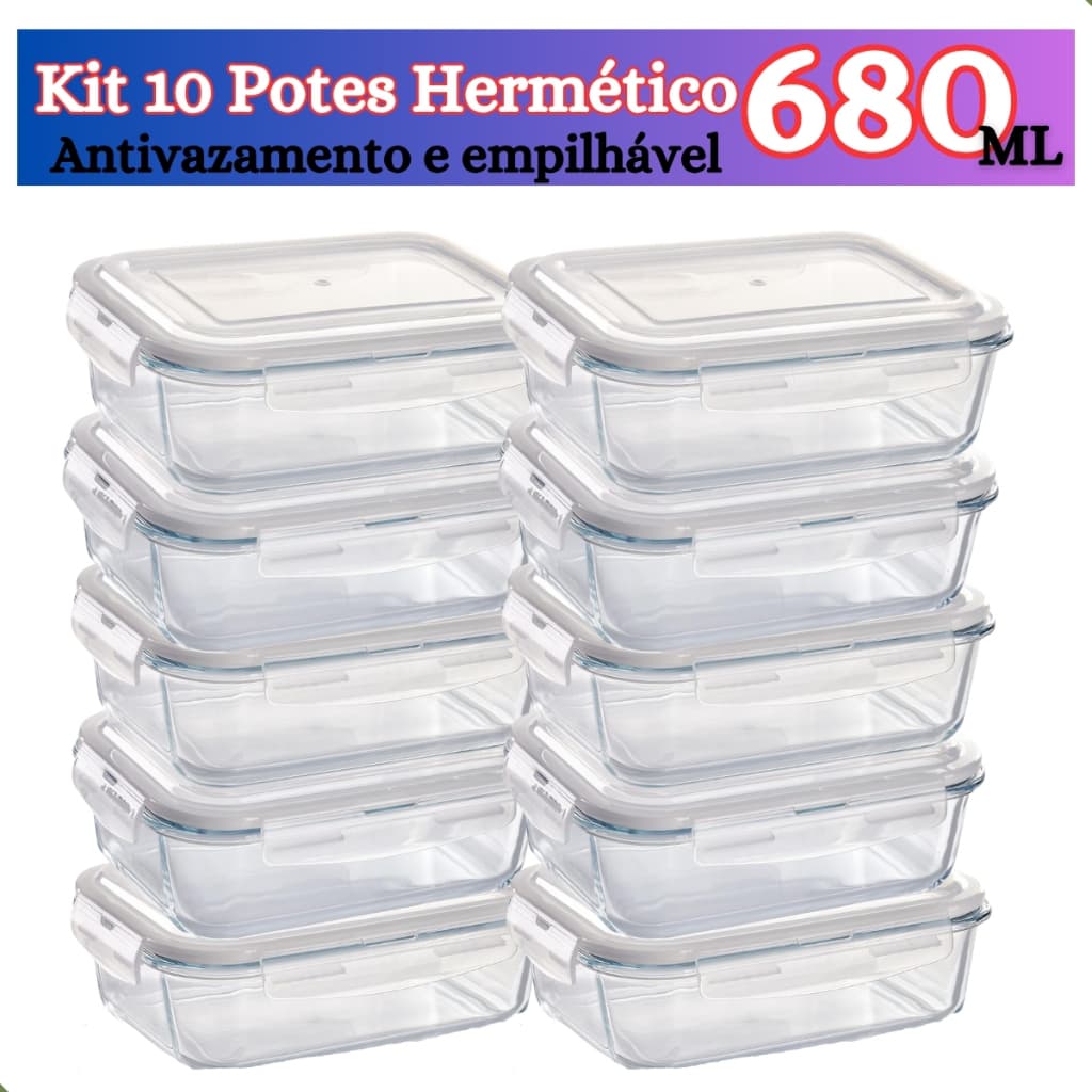 Kit de 6 até 12 Potes de Vidro 640ml - 370 ml Hermético Marmita Fit com Tampa 4 Travas Premium
