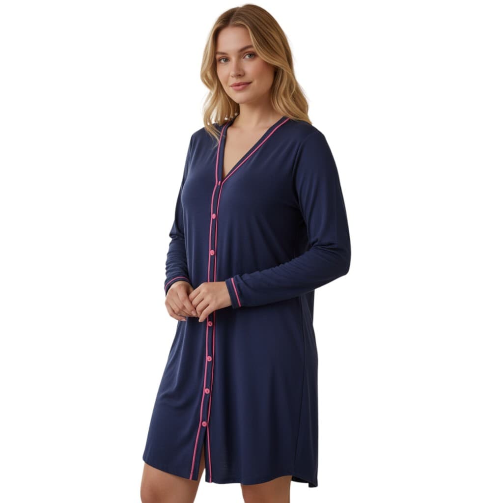 Pijama Baby Doll Camisola de Amamentação Manga Longa Cirurgica com Botões em Malha de Qualidade