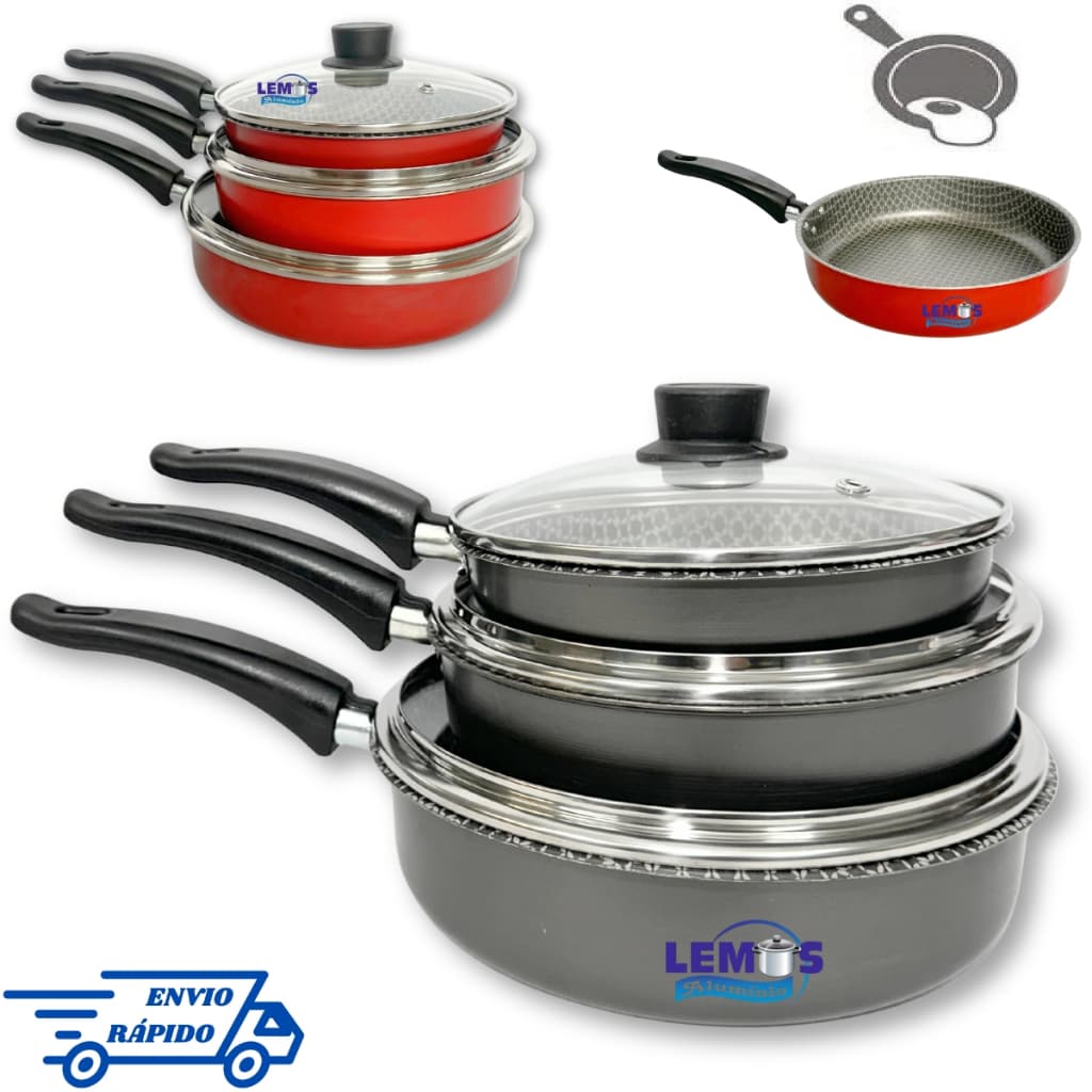 Jogo Conjunto de Frigideiras Antiaderente Com Tampa de Vidro 3 Peças N18 20 22 Vermelha ou Preta