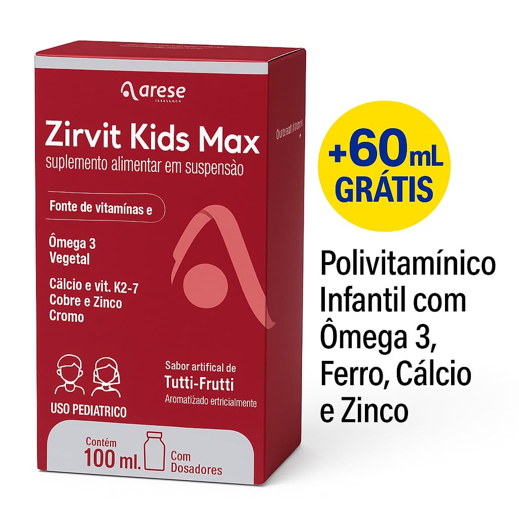 Zirvit Kids Max 100ml + 60ml Grátis | Polivitamínico Infantil c/ Ômega 3, Ferro, Cálcio e Zinco