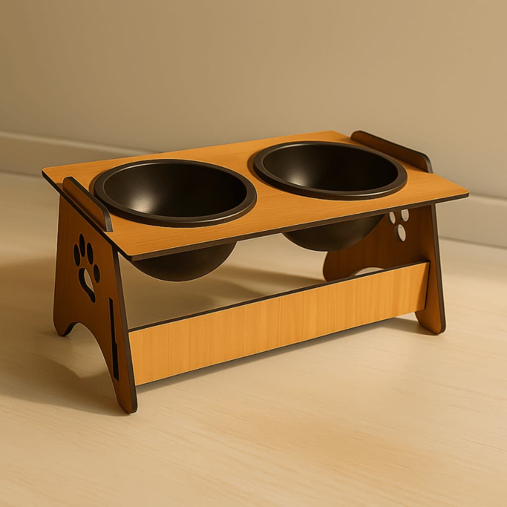 Comedouro e Bevedouro Reclinável Elevado para Cachorro e Gato em Mdf Marrom - Tigelas de Plástico