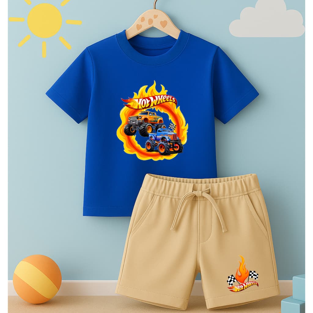 Conjunto Infantil Camiseta e Short Moletinho Hotwheels Circulo de fogo Estampado Desenho