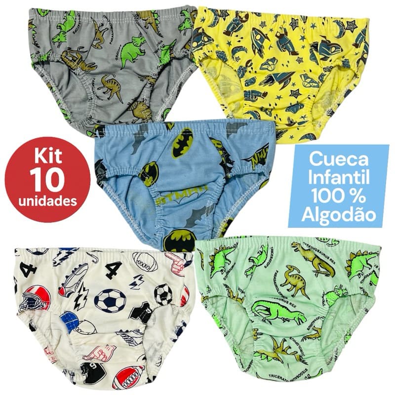 Kit 10 Cueca Slip Infantil 100 % Algodão | Elástico embutido Colorida | Forrada e Confortável