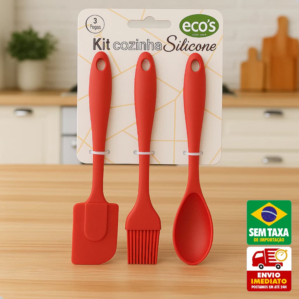 Kit Utensílios de Cozinha Silicone 3 Peças Espátula Pincel Colher Resistente ao Calor