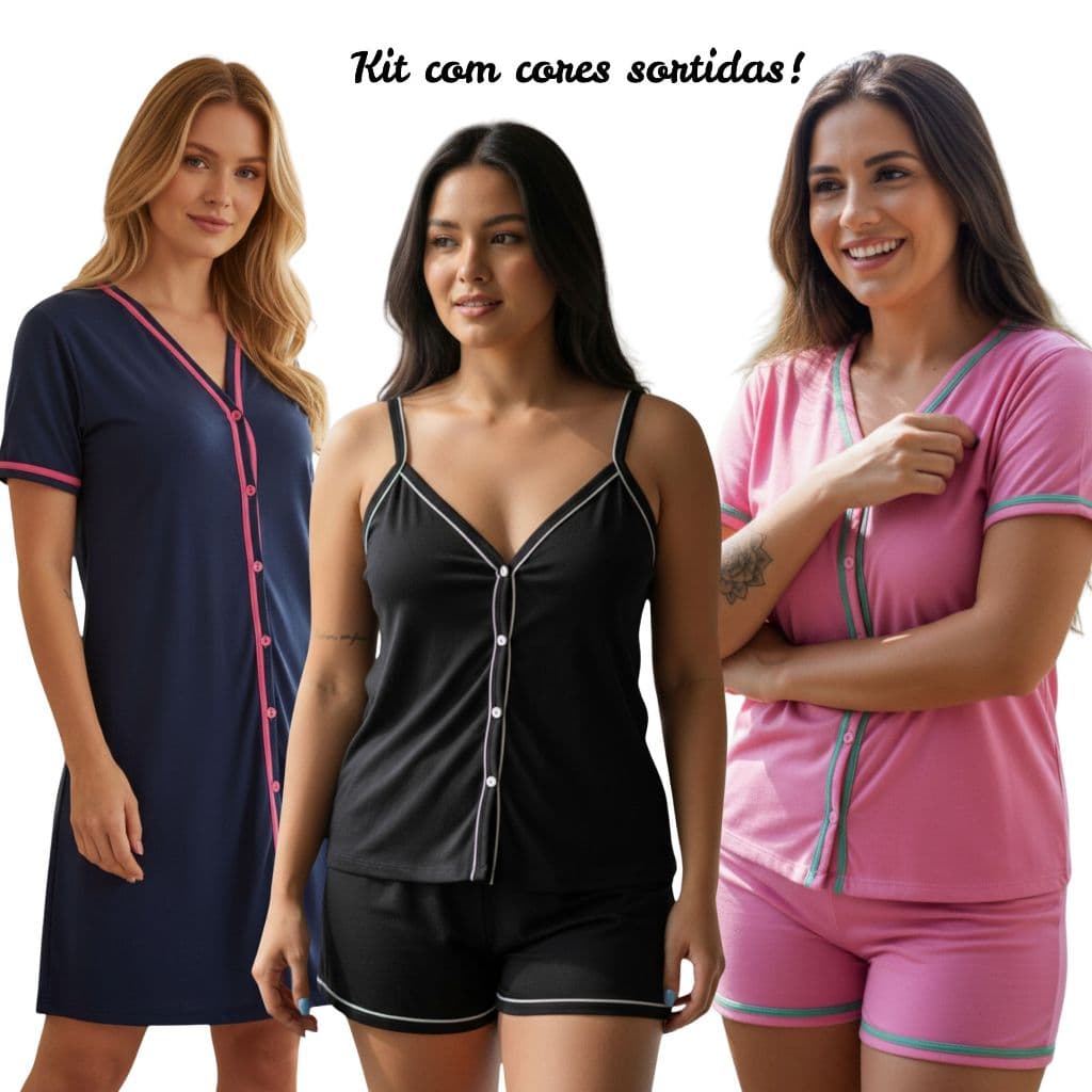 Kit Amamentação 3 Peças Pijamas + Camisola com Botões em Malha Cores Sortidas Cirurgico Amamentação