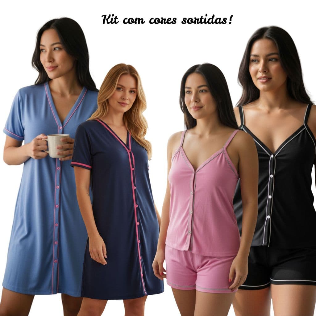 Kit 2 Short Doll Gestante Pijama ou Camisola Amamentação com Botões em Malha Cores Sortidas