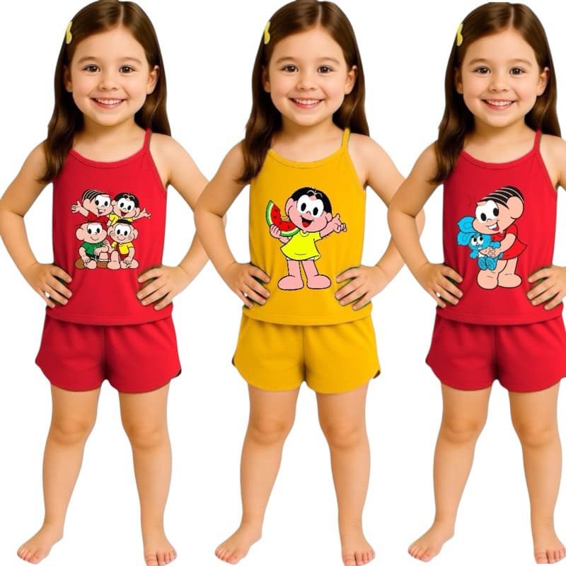 Pijama Infantil Feminino Curto Baby Doll Short Doll Alcinha Turma Mônica Verão