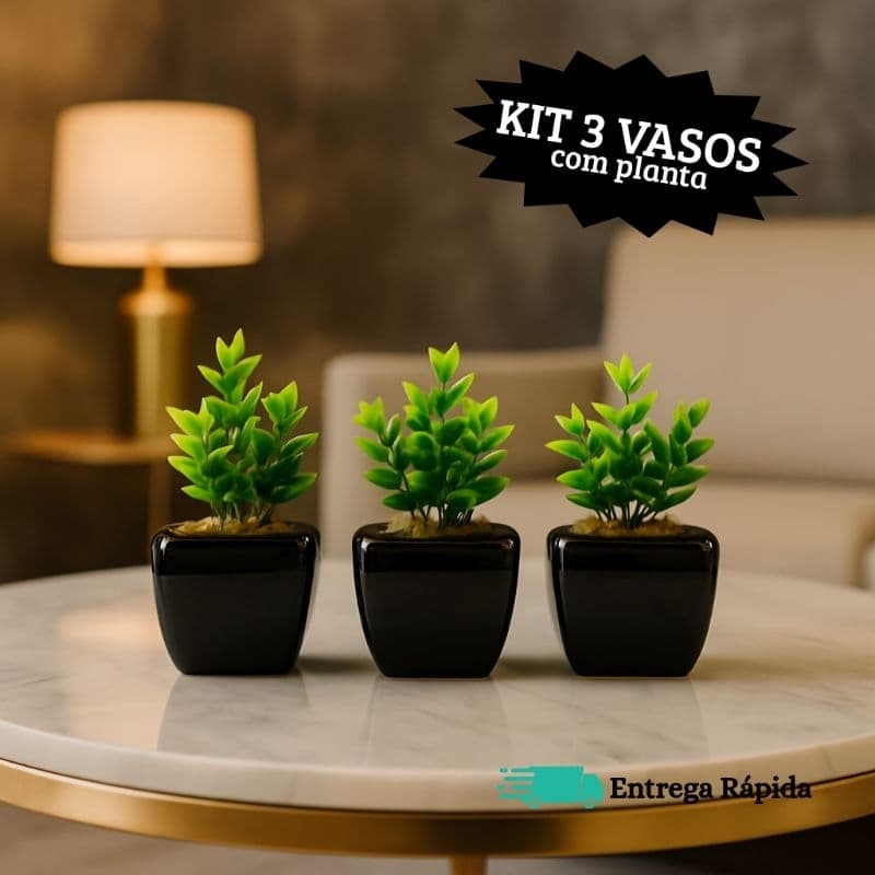 Kit 3 vasos decorativos de cerâmica com plantas artificiais cor preto luxo e moderno
