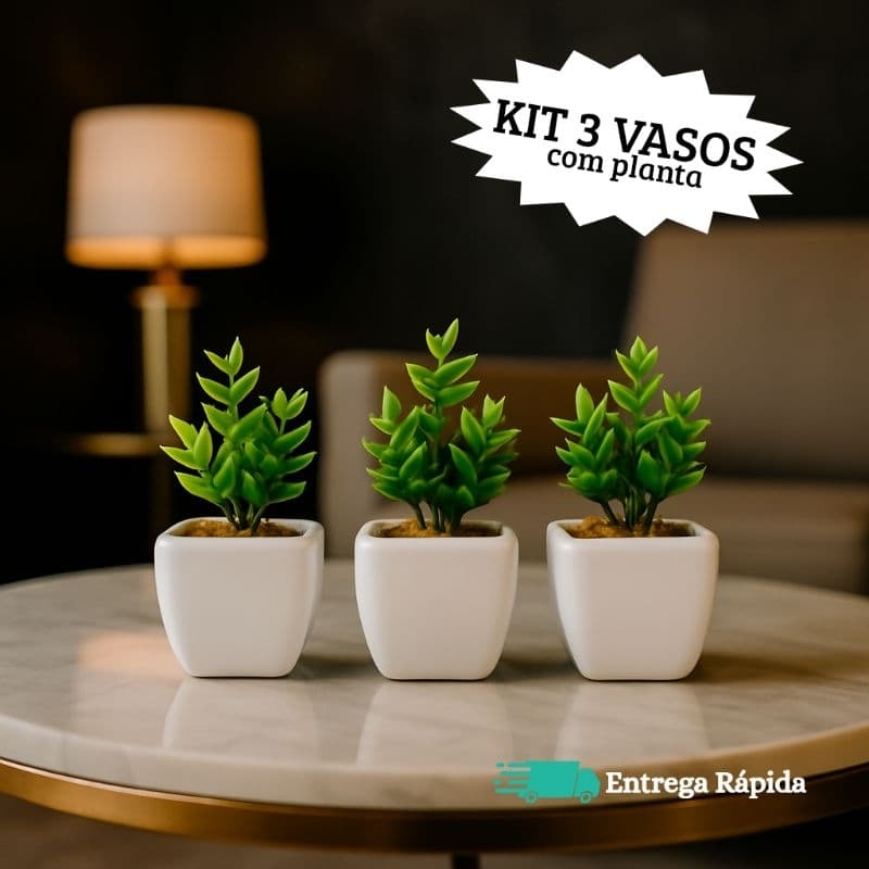 Kit 3 vasos decorativos de cerâmica com plantas artificiais cor branco elegante e sofisticado