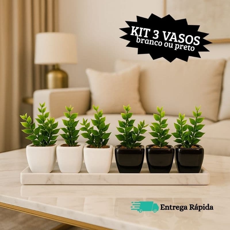 Kit 3 vasos decorativos de cerâmica com plantas artificiais preto ou branco conjunto luxo