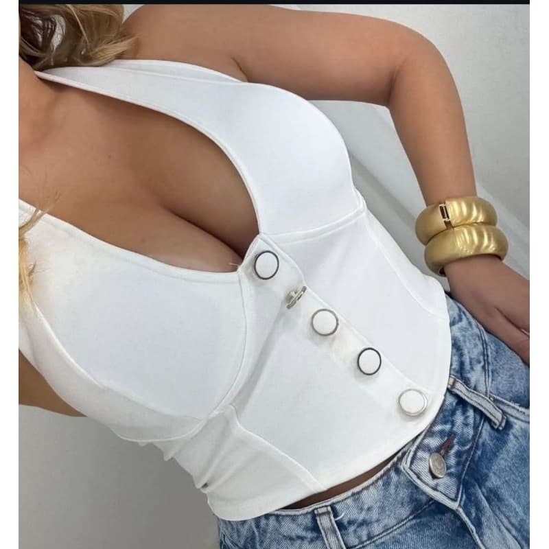 CROPPED EM NEOPRENE ESTILO CORCELET  ALFAIATARIA TENDÊNCIA VERÃO