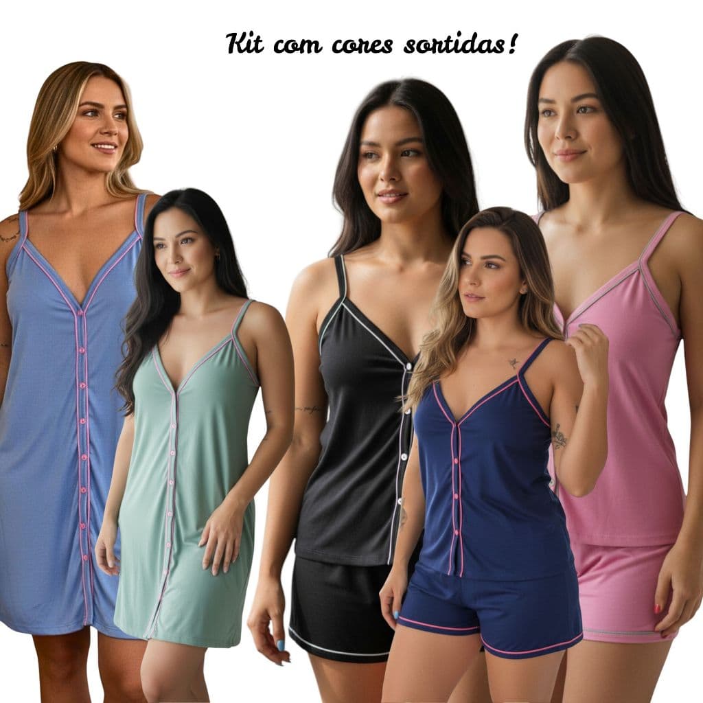 Kit 2 Short Doll Gestante Pijama ou Camisola Amamentação com Botões em Malha Cores Sortidas