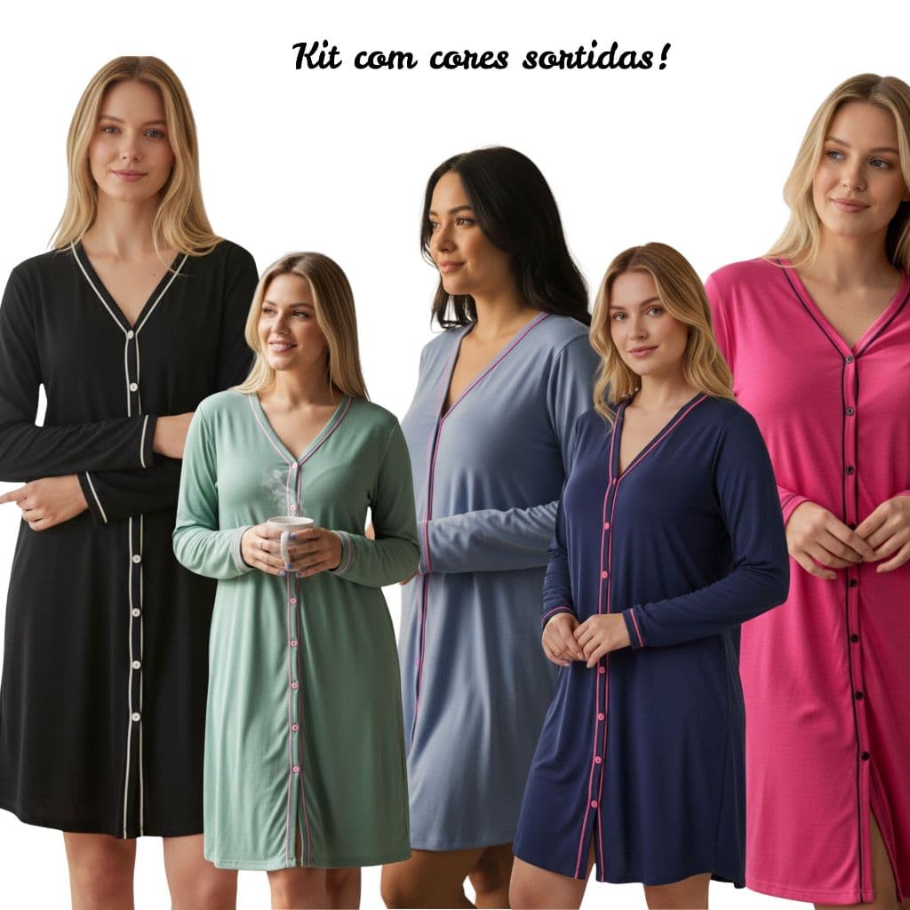 Kit com 3 Camisolas de Amamentação Manga Longa Cirúrgica com Botões em Malha Cores Sortidas