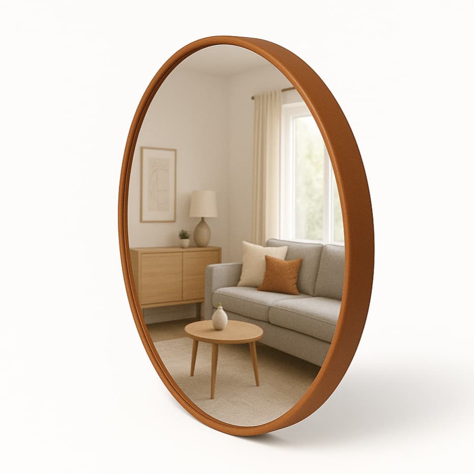 Espelho Adnet Grande Redondo Moldura de Couro Vários Tamanhos + Suporte