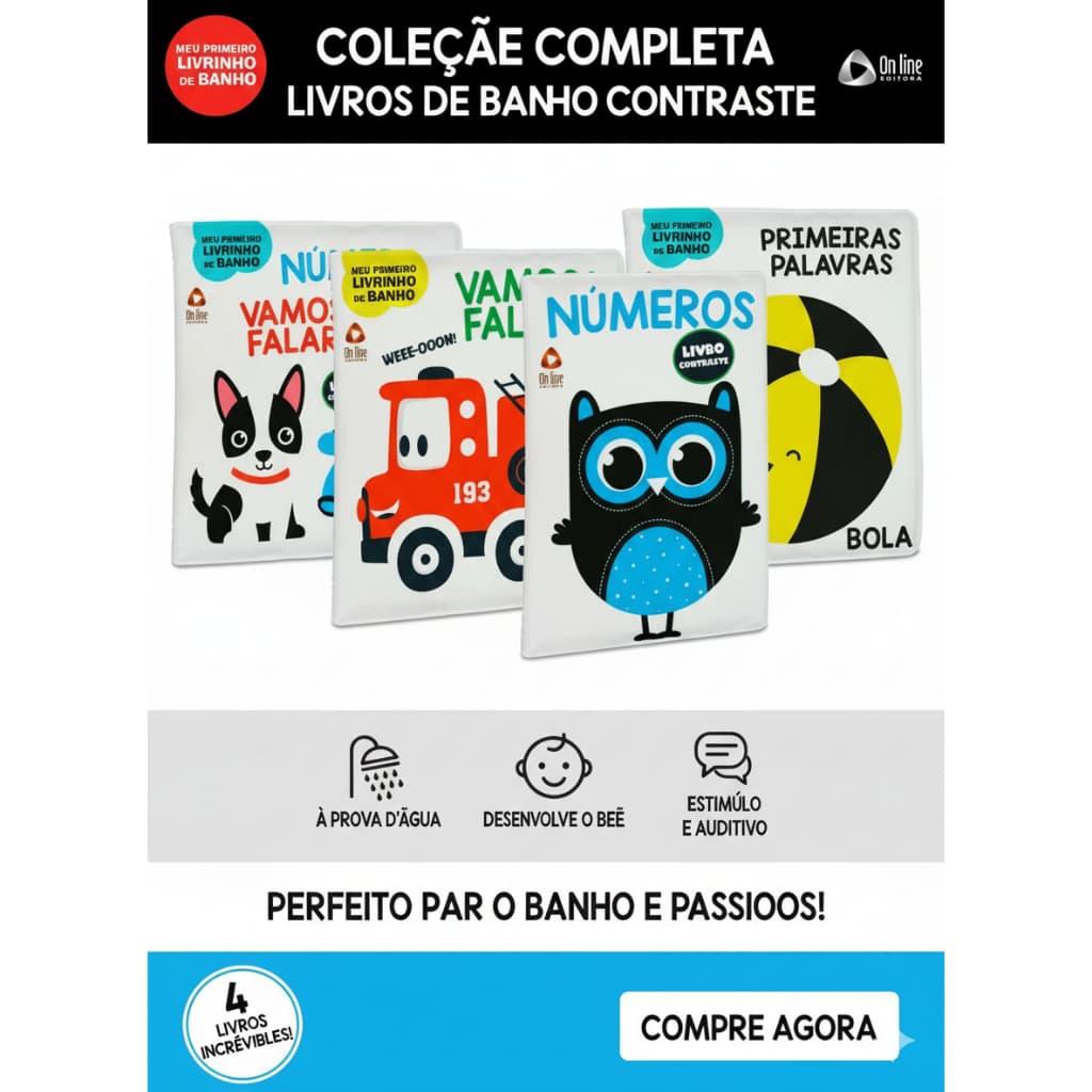Livro de Banho Bebê Contraste Sensorial Montessori | Cachorrinho Carrinho Números Palavras