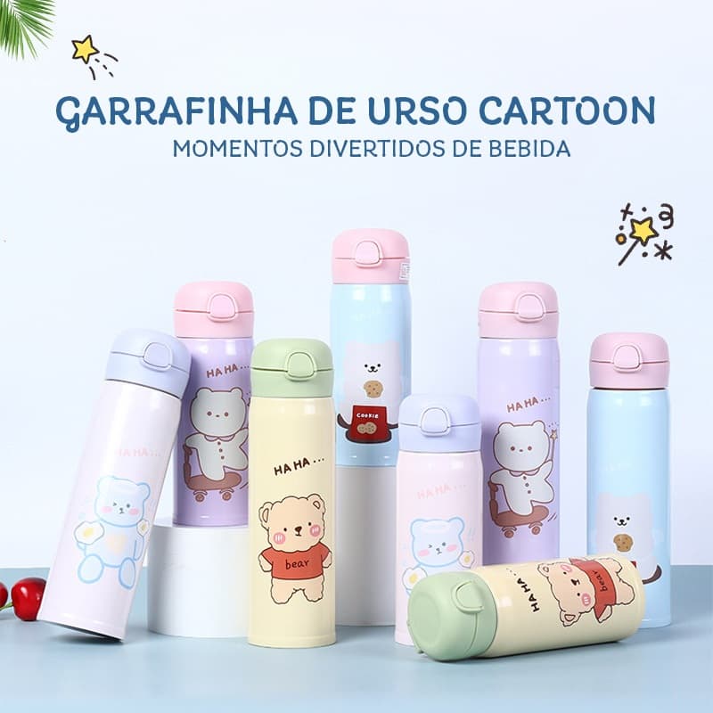 Garrafa Térmico em Aço Inox com Canudo e Desenho Kawaii Garrafa de Água