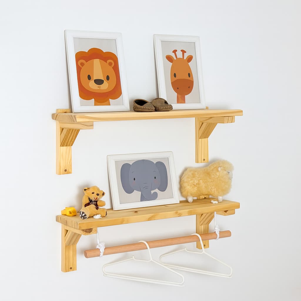 Kit Prateleiras Infantil Madeira Natural Com Cabideiro Quarto Bebê