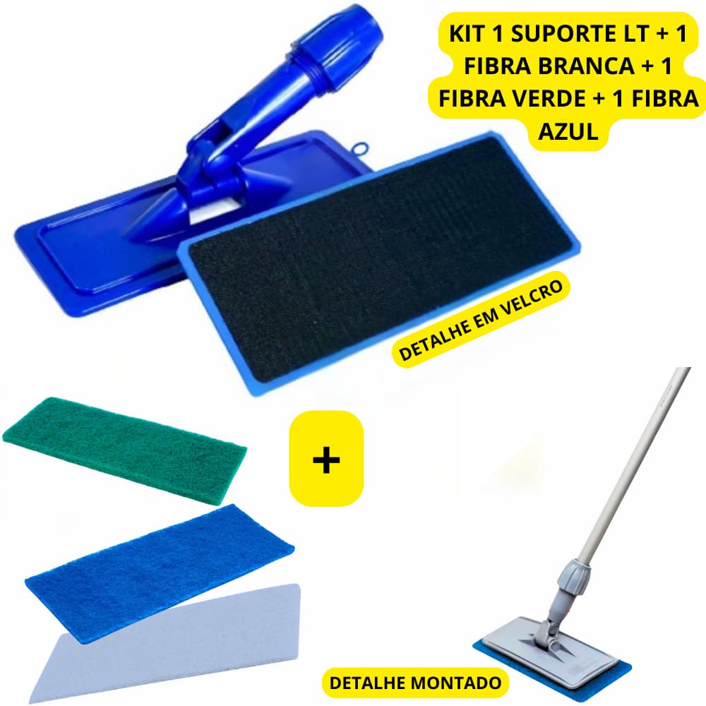 Kit Mop Lt Articulado + 3 Fibras Limpa Pisos, Porcelanatos, Vidros, Espelhos, Laminados, Ceramicas, Louças, Box, Janelas
