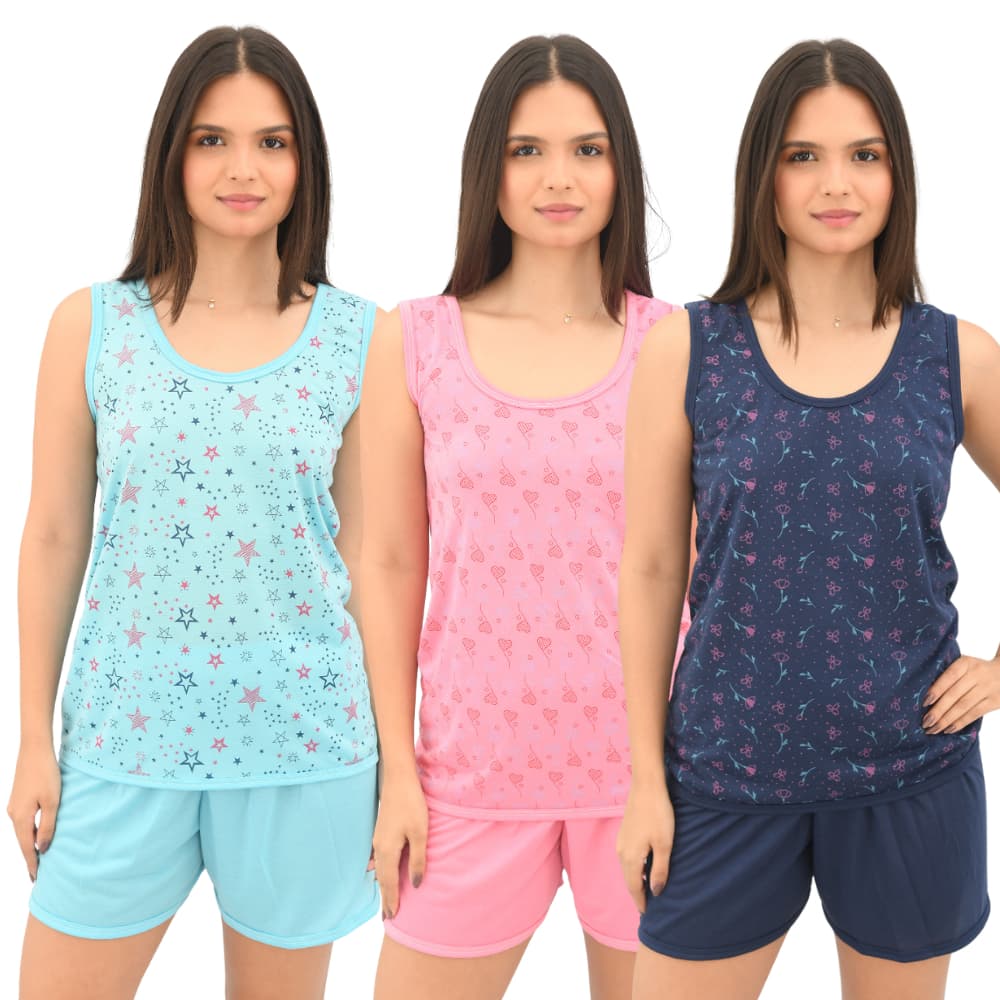 Pijama Babydoll Regata Estampado Fundo Branco com Short Liso em Malha Confortável Feminino