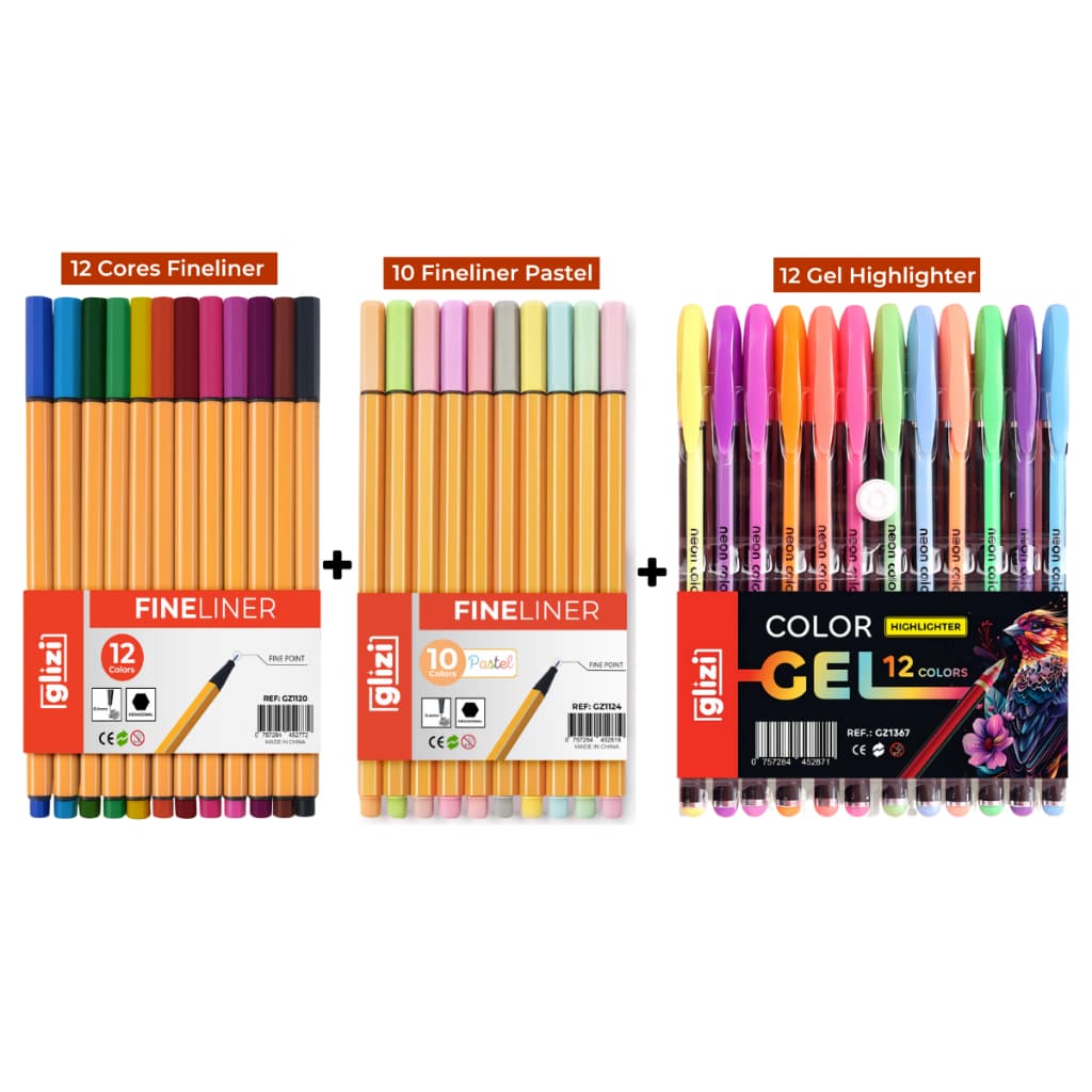 Kit Canetas Coloridas Ponta Fina 12 Cores + 10 Cores Pastel + 12 Gel Pastel