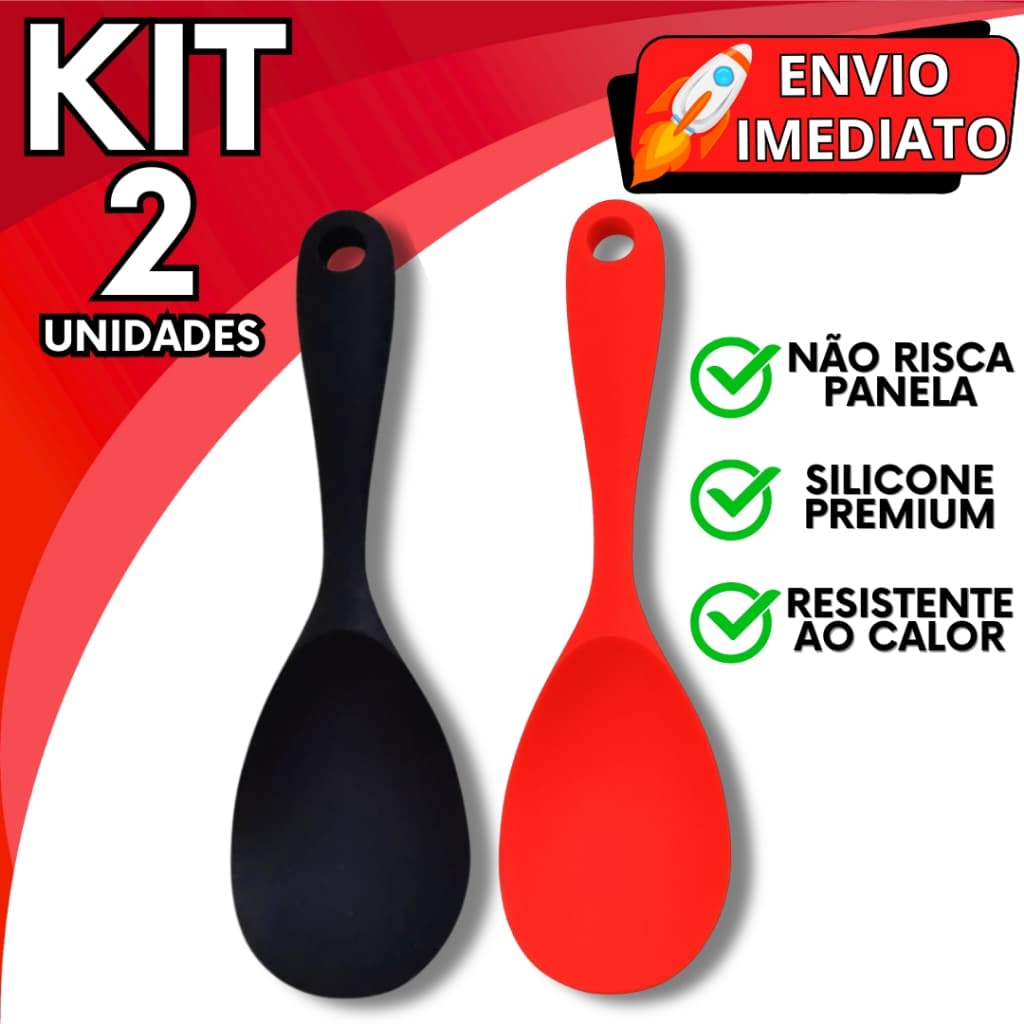 KIT Jogo 2 Colher de Servir Utensílios de Cozinha em Silicone Premium Super Resistente Não Risca Panela para Casa