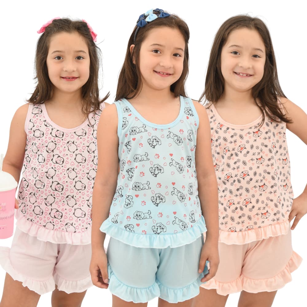 Pijama Feminino Babydoll Infantil Regata com Babado Confortável para Crianças