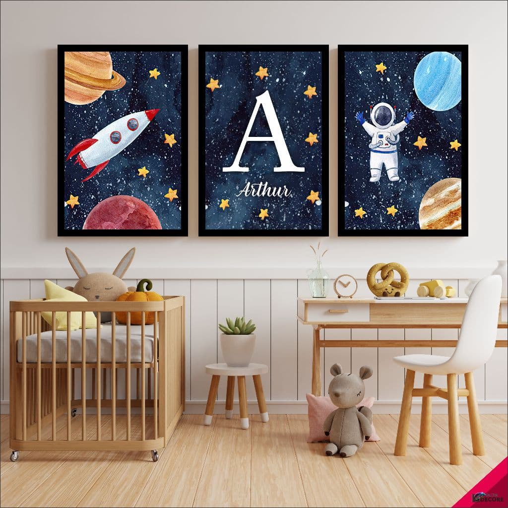 quadro infantil decorativo personalizado astronauta foguete espaço nome