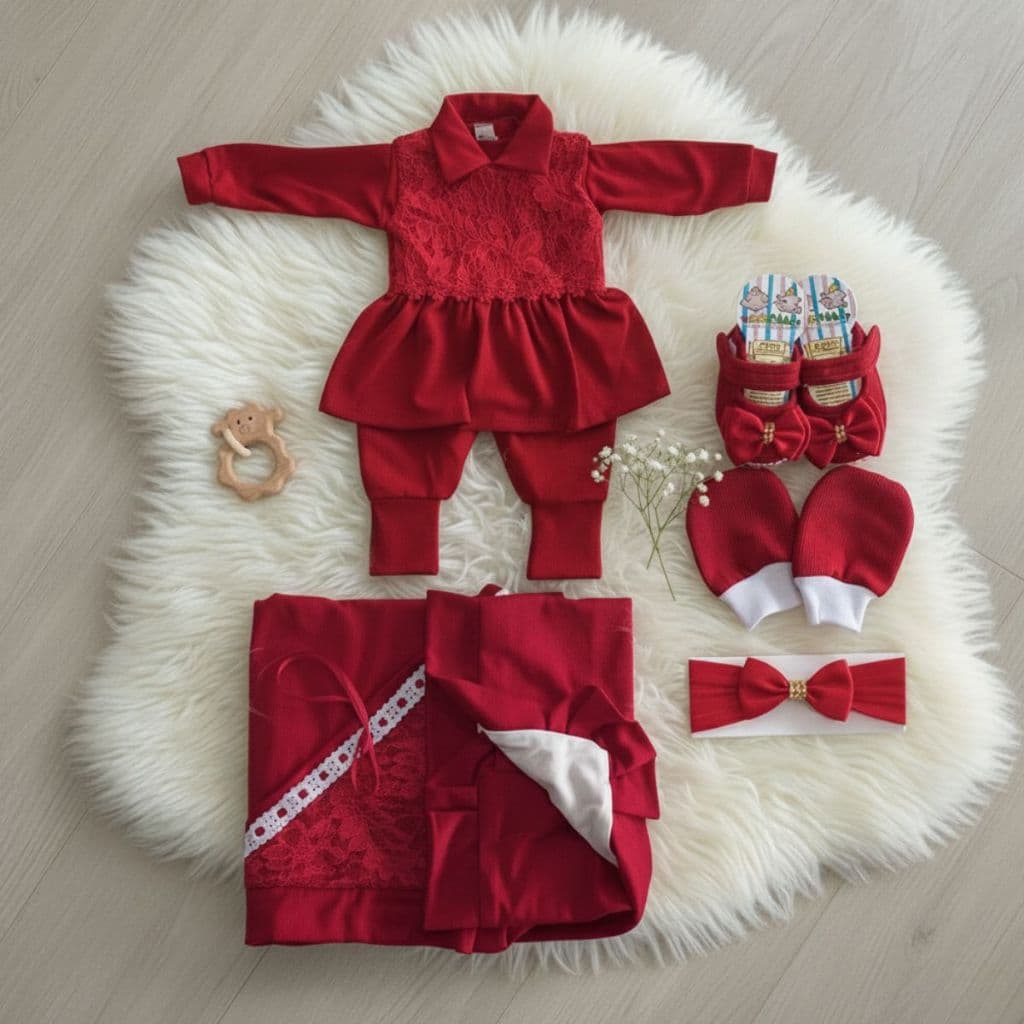 Saída Maternidade Luxo Vermelha Menina Kit Completo com 6 Peças 100% Algodão Pronta entrega Recém Nascido Feminino