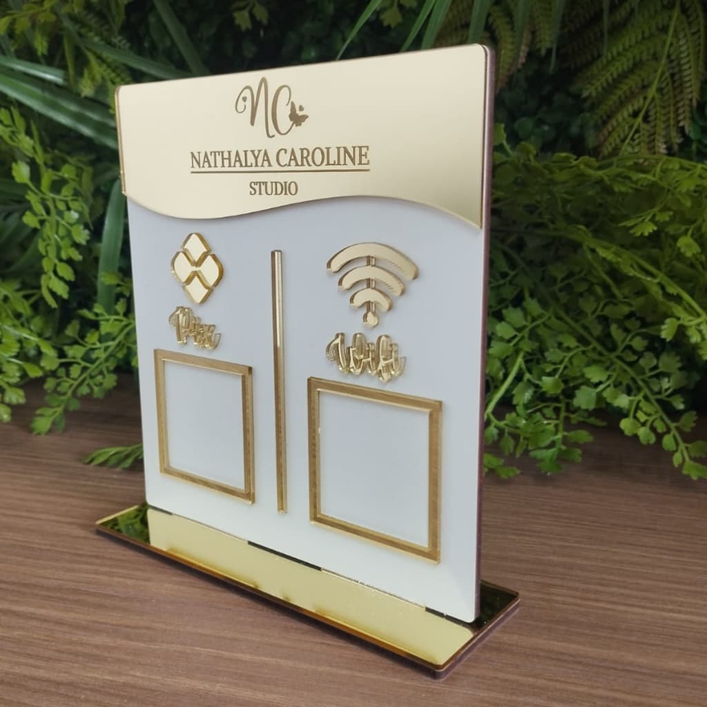 Placa Display 02 Qrcode Pix Wifi Instagram Whatsapp Acrílico Espelhado Mdf Mesa Balcão