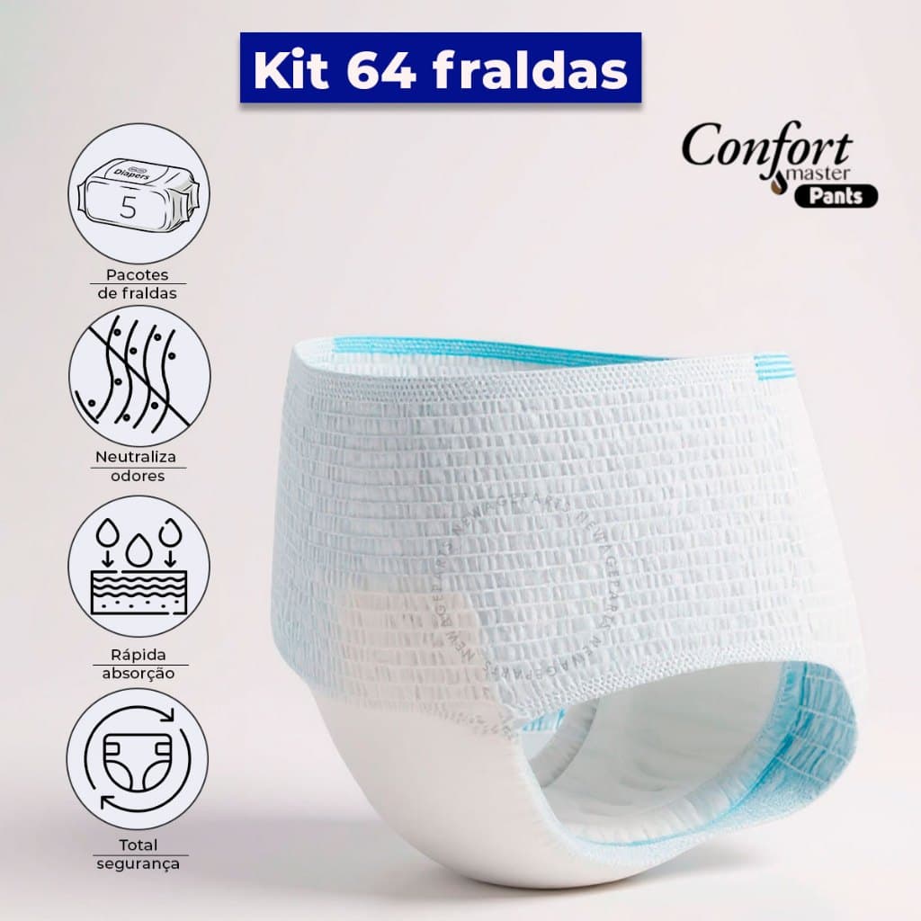 Kit 64 Fralda Geriátrica Descartável Unissex Calcinha/Cueca Pacote Confort Master Pants P/M/G/EG
