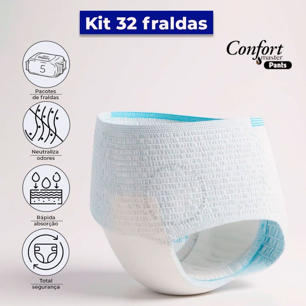 Kit 32 Fralda Geriátrica Descartável Unissex Calcinha/Cueca Pacote Confort Master Pants P/M/G/EG