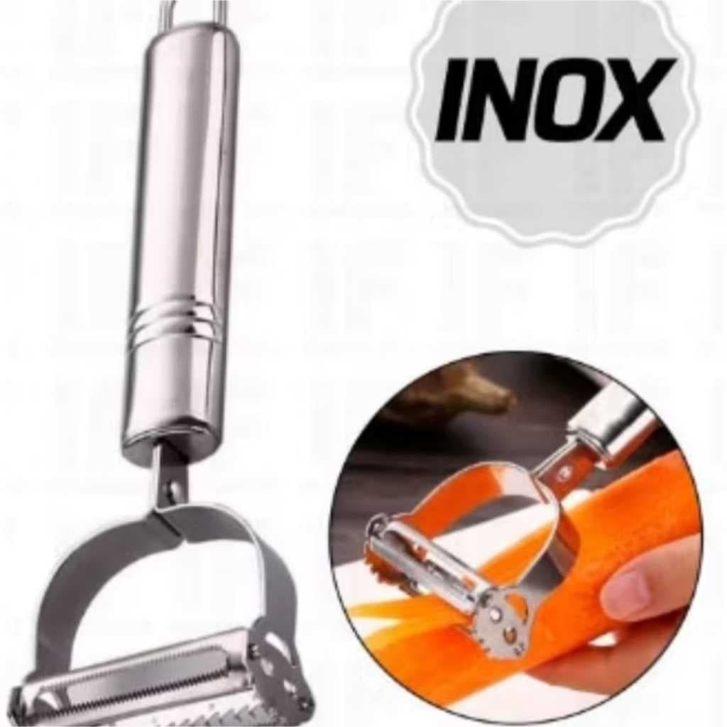 Kit até 3 Descascador e Fatiador Multifuncional em Aço Inox 2 em 1 com Lâmina Dupla Legumes Verduras Frutas