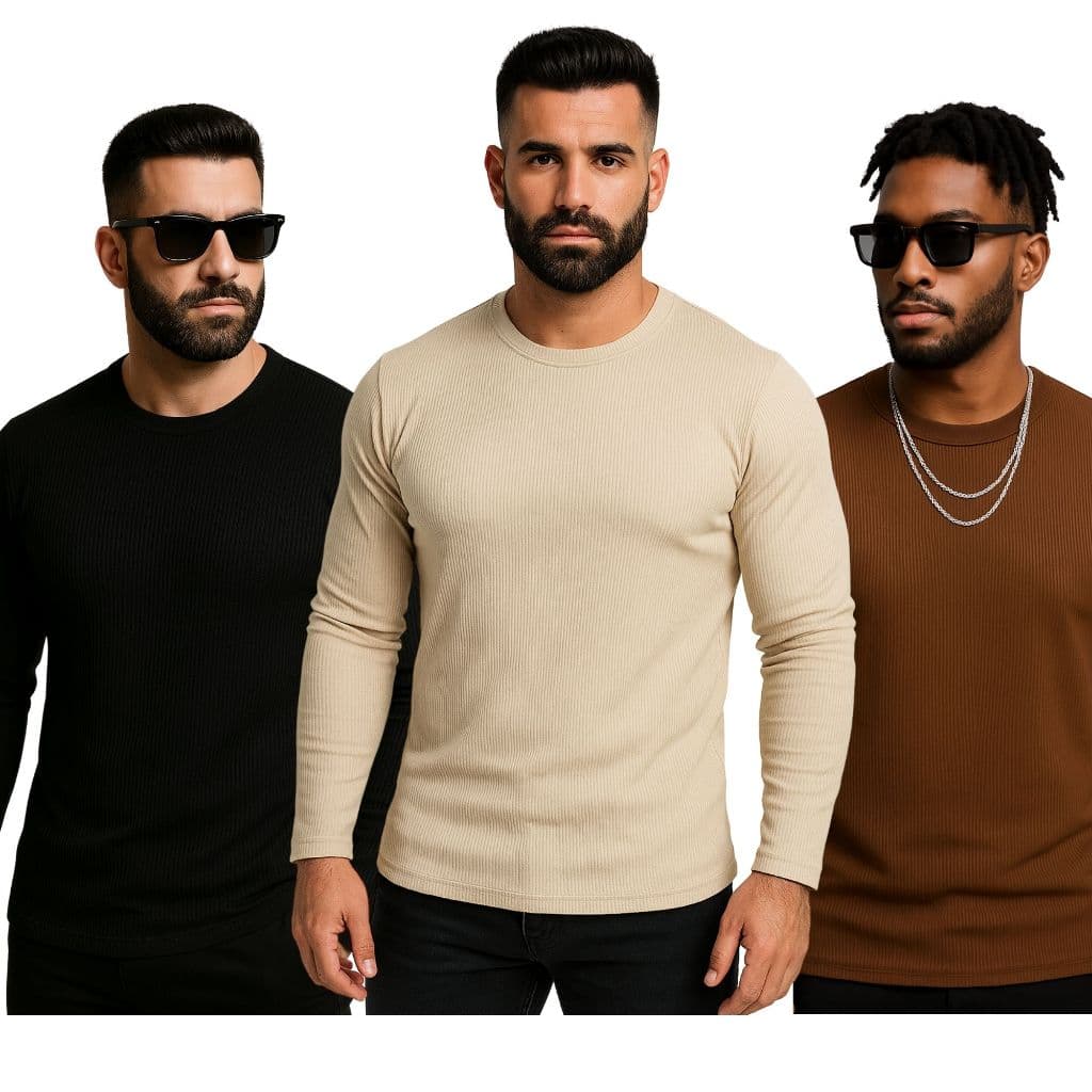 Kit Camisa Masculina Manga Longa Ribana Canelada Cacharrel Outono Inverno Casual Slim Justa