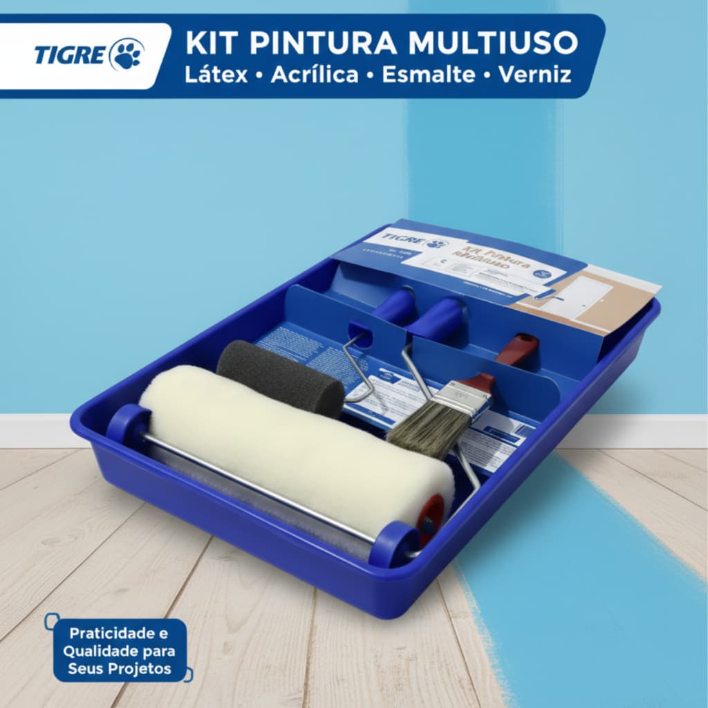 Kit Pintura Completo Tigre 5 Peças com Rolo Pincel Bandeja Suporte Parede Multiuso