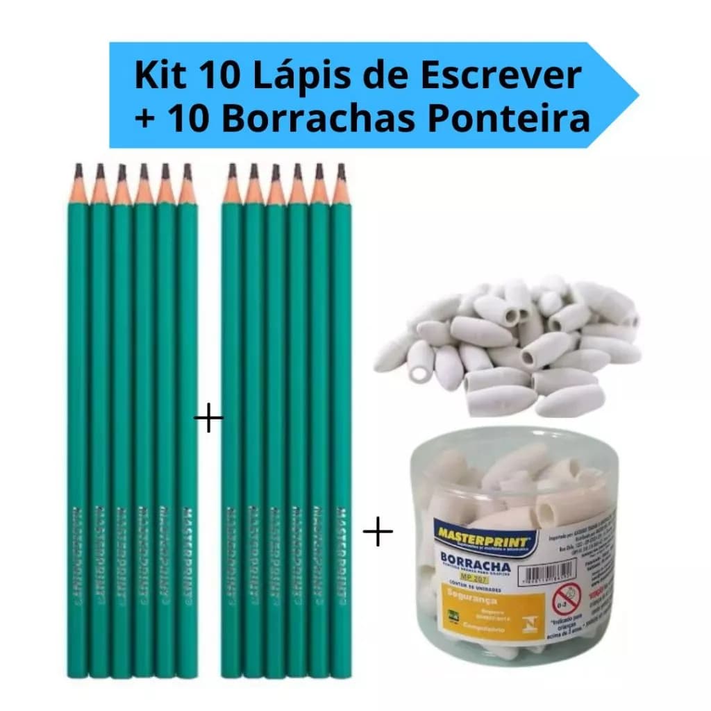 Kit 10 Lápis de Escrever HB N°2 Sextavado + 10 Borrachas Ponteira Escolar Desenho
